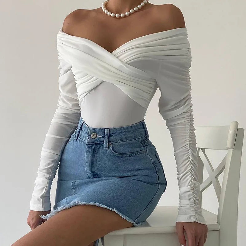 Women's Ruched Backless Wrap Bodysuit - Off Shoulder Slim Long Sleeve White Top One Piece