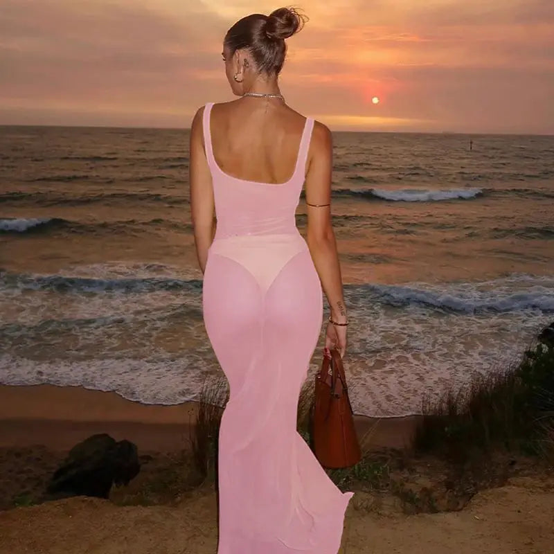 Square Neck Mesh See Through Maxi Dress - Backless Women Holiday Beach Tulle Dress Summer Outfit