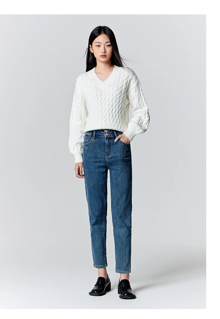 Women's Slim Fit Brushed Jeans - Tapered Winter Denim for Daily Wear