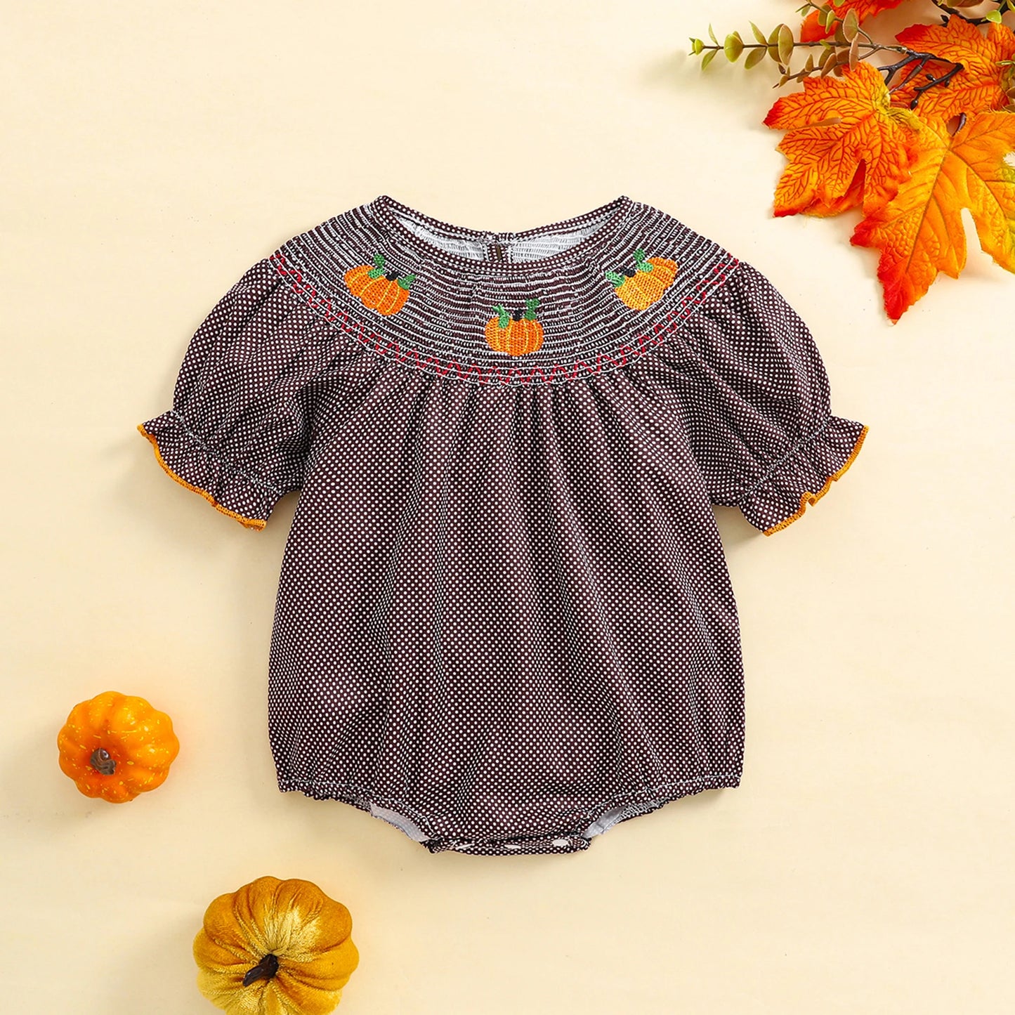 0-3Y Baby Girls Boys Romper Pumpkin Embroidered Plaid Print Short Sleeve Ruffled Jumpsuits