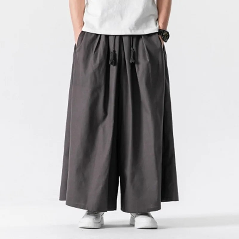 Men's Chinese Style Loose Wide Leg Summer Cotton Linen Casual Trousers