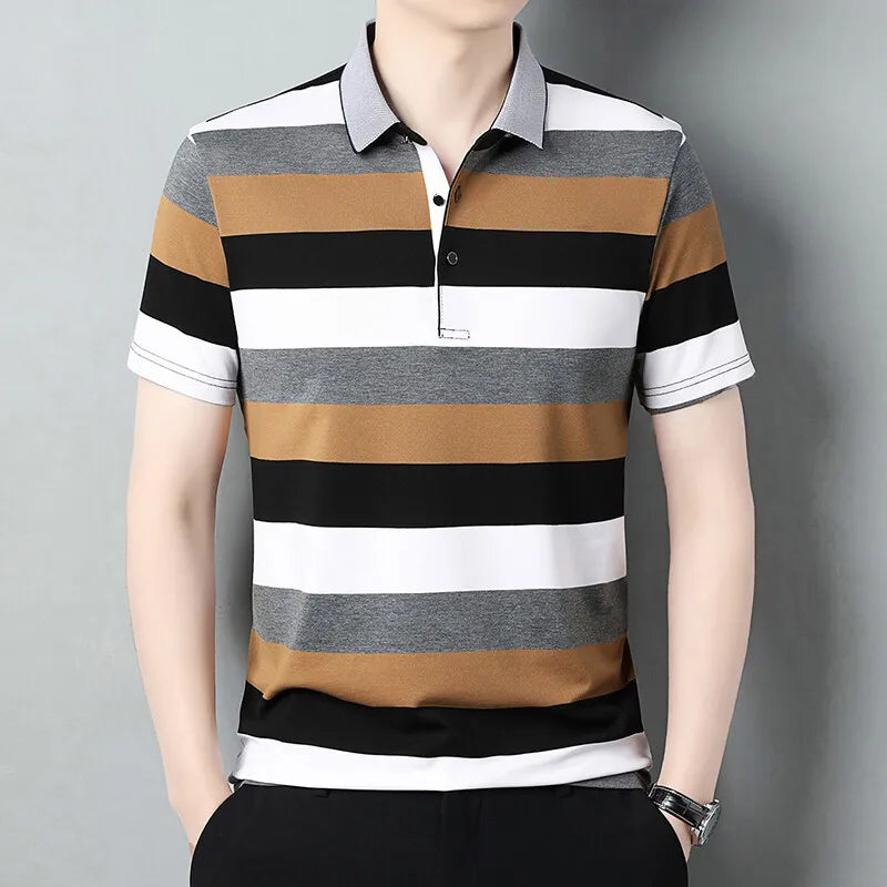 Men's Summer Striped Smart Casual  Short Sleeve Turn Down Collar Slim Fit Polo Shirt