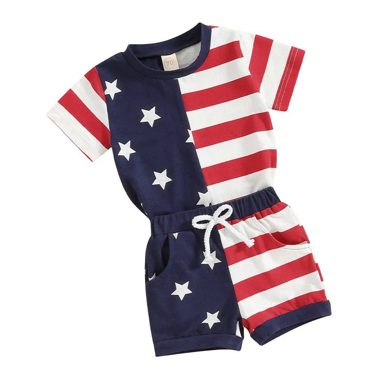 0-3Y Infant Baby Boys Clothes Sets American Flag Outfit Short Sleeve Stars Stripes Print T-Shirt and Shorts