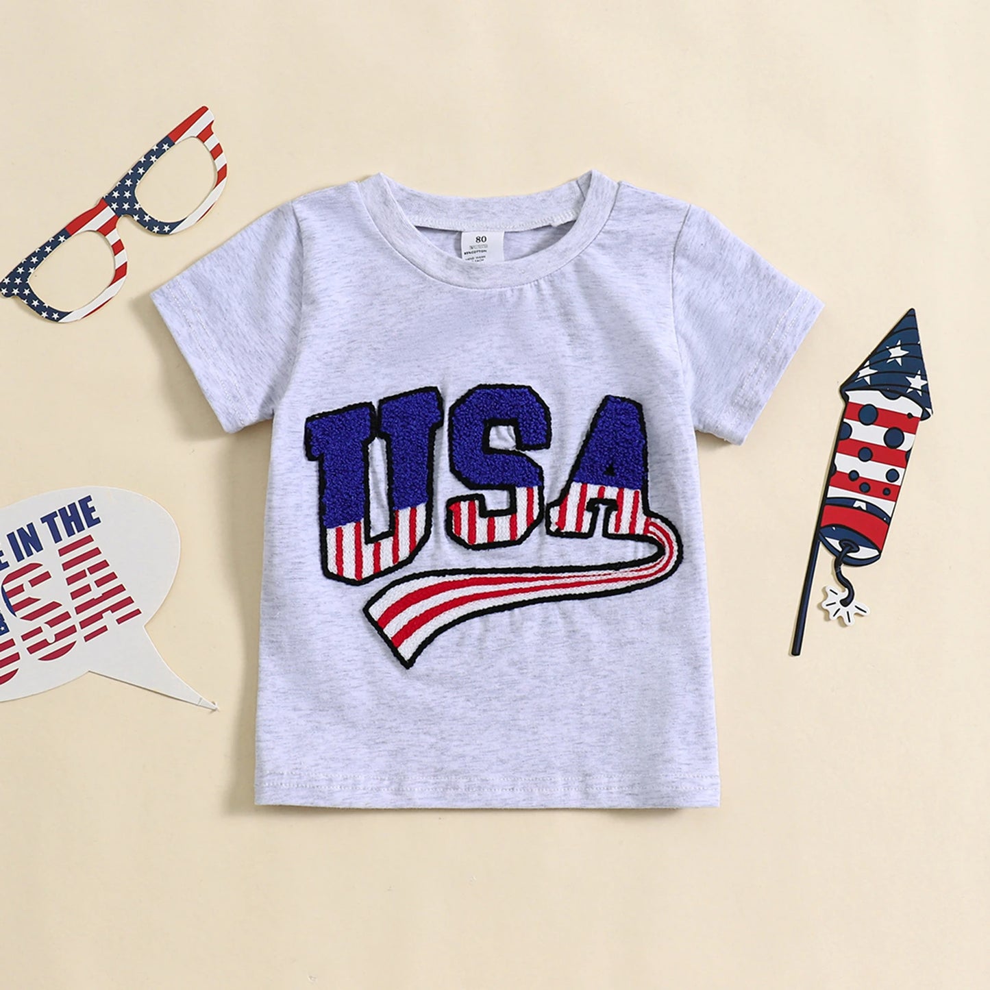 Parent Child Family Matching T-shirt Clothes Set - American Flag Independence Days 0-5Y Short Sleeve Letters Embroidery Top