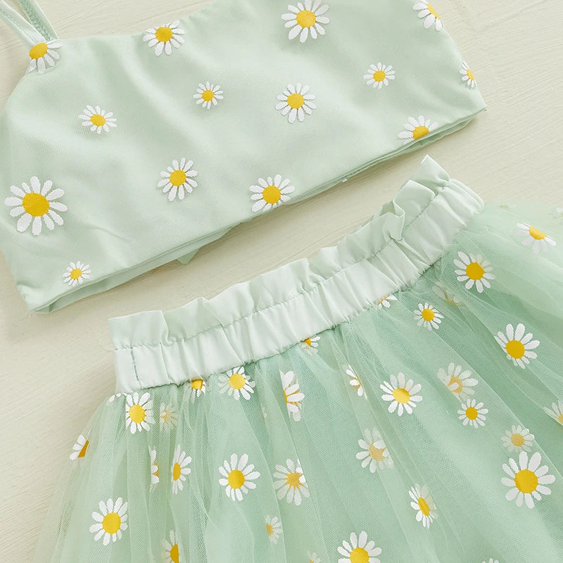 0-3Y Toddler Baby Girls Summer Clothes Sets Sunflowers Print Spaghetti Strap Top and Tulle Skirt Bow Headband