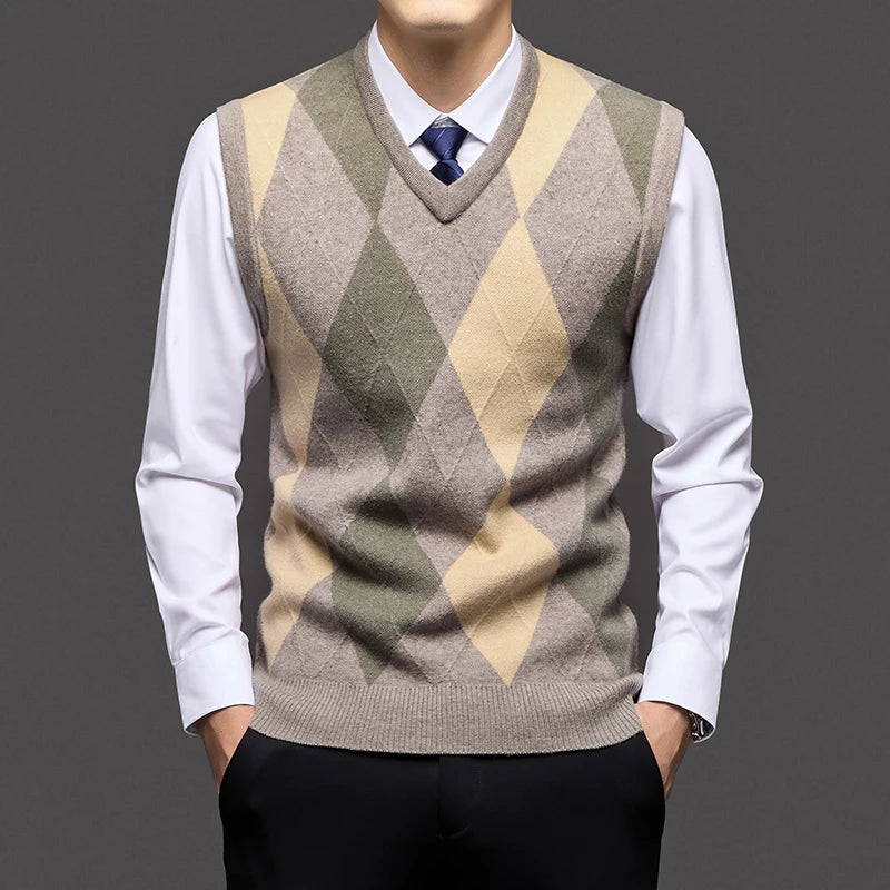 Autumn Winter Argyle V-Neck Knit Vest - Smart Casual Sleeveless Pullover