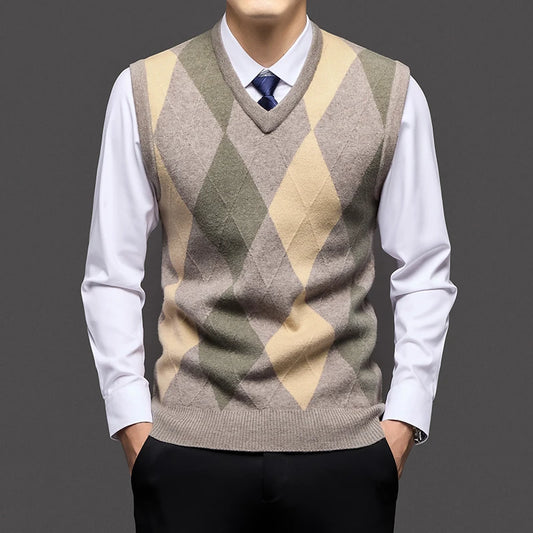 Autumn Winter Argyle V-Neck Knit Vest - Smart Casual Sleeveless Pullover