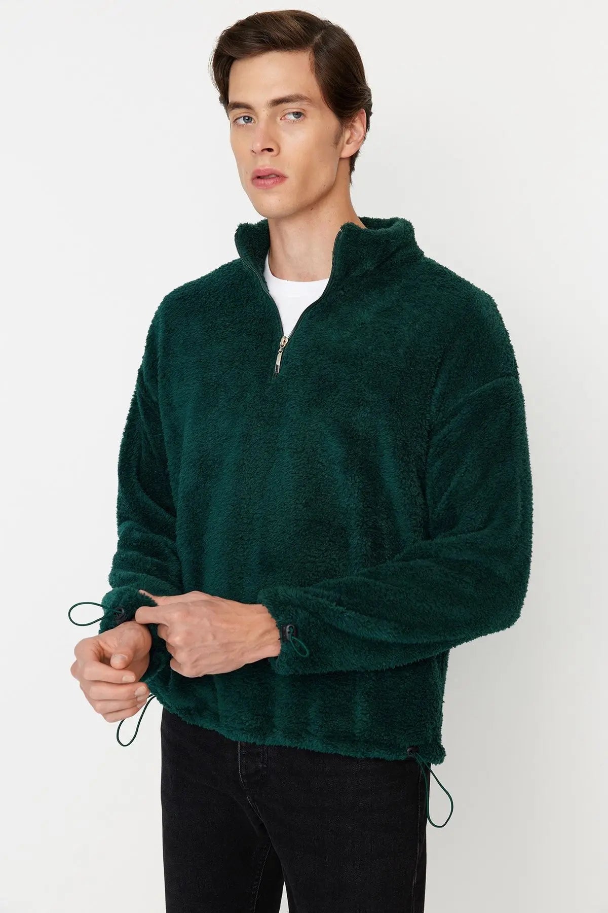 Men's Fabric Loose Plain Plush Standard Sleeve Zippered Standing Collar Sweatshirt