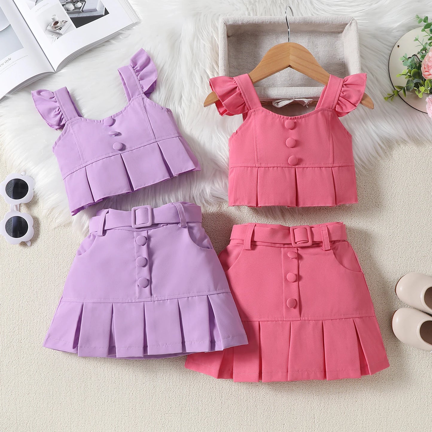 1-6Y Girls Summer Fashion Clothes Sets -  Ruffles Fly Sleeve Solid Tops Elastic Waist Pleated Mini Skirt with Belt