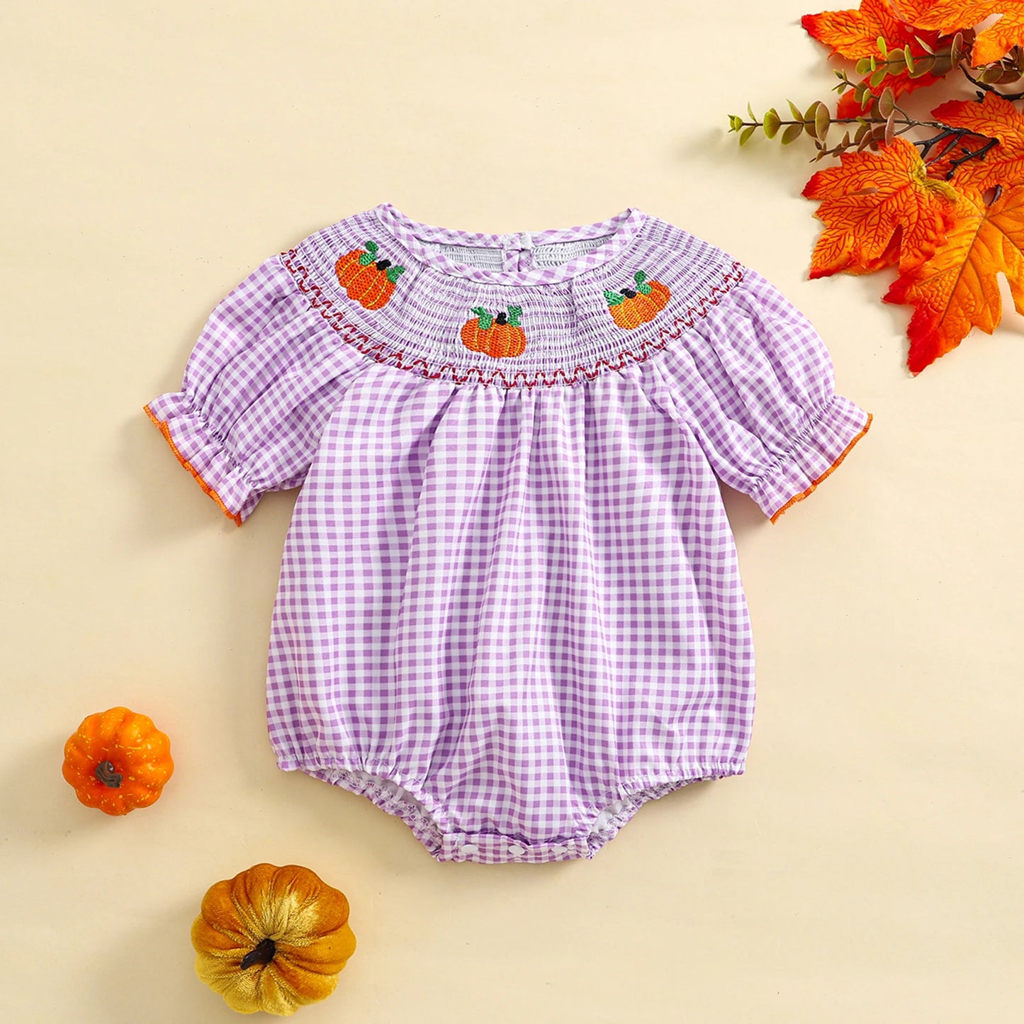 0-3Y Baby Girls Boys Romper Pumpkin Embroidered Plaid Print Short Sleeve Ruffled Jumpsuits