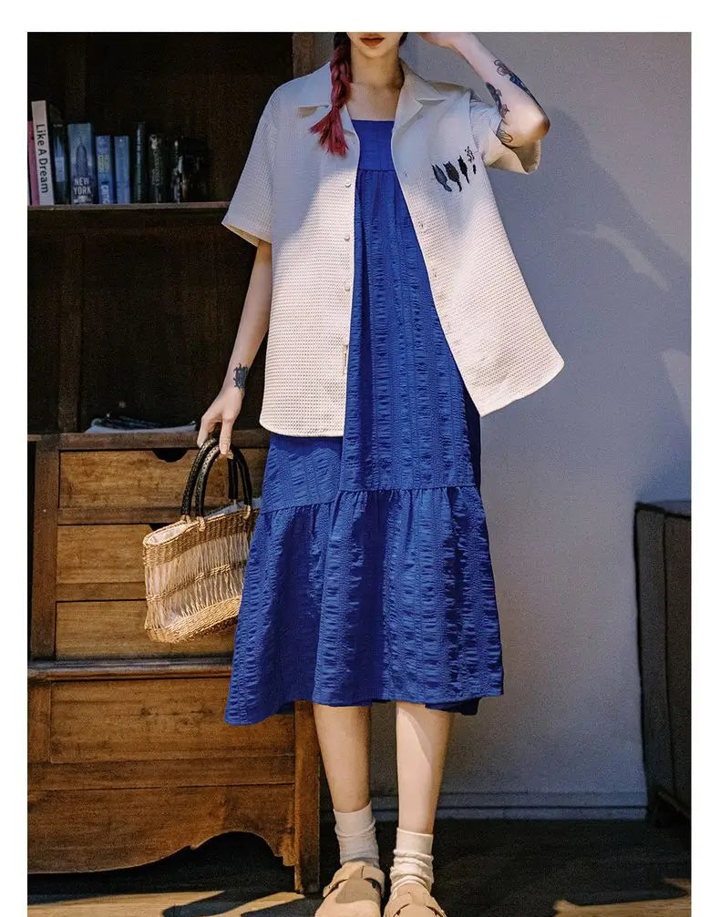 Women's Blue Seersucker Sleeveless A-Line Beach Dress - Summer Vacation Strappy Slip Dress