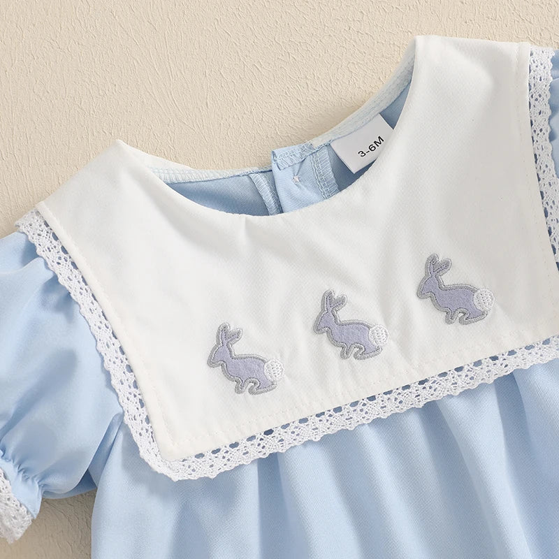 Baby Girls Easter Romper - Lace Ruffled Rabbit Embroidery Short Sleeve Bodysuit