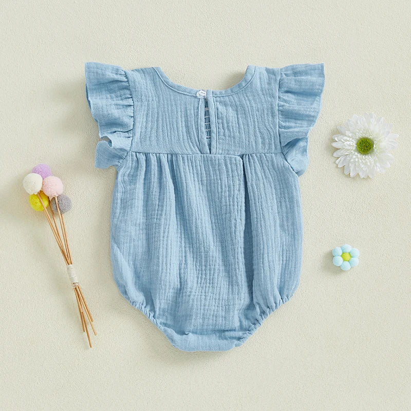 Newborn Baby Girls Flower Embroidery Romper - Smocked Flying Sleeve Jumpsuit (0-12M)