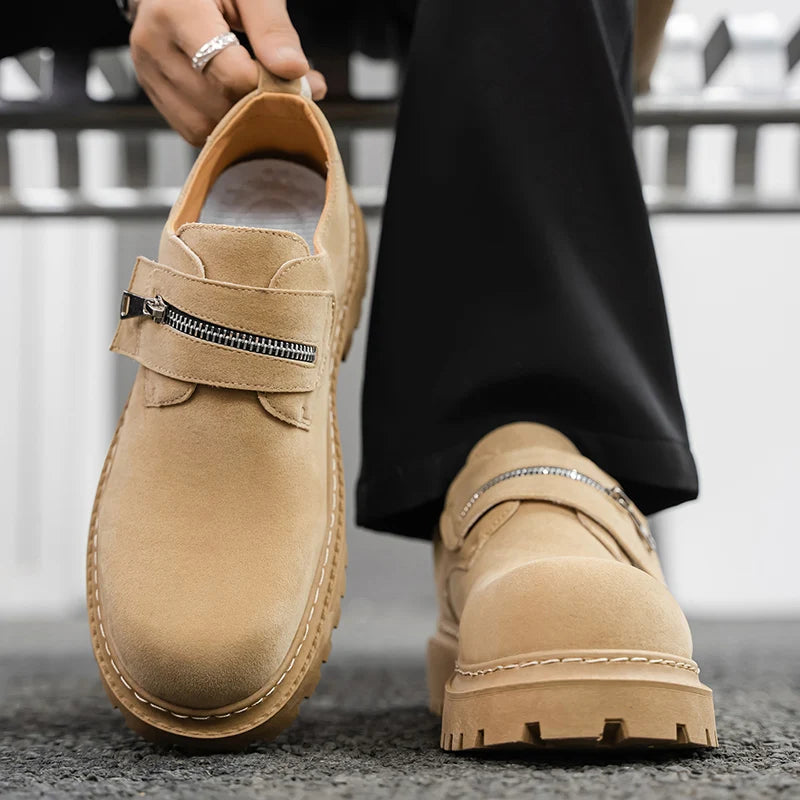 Men's Suede Leather Platform Work Shoes - Zipper Business Sneakers