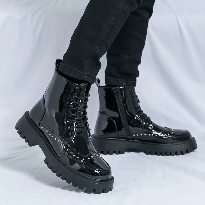 Platform Leather Boots - Men's Motorcycle Style Thick Sole Dress Sneakers