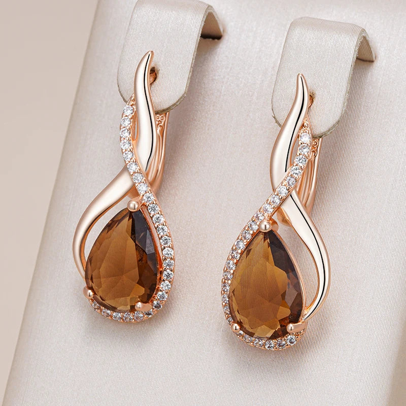 Light Brown Natural Zircon English Earrings for Women Water Droplets 585 Rose Gold Colour