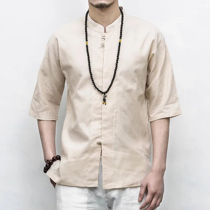Men's Summer Loose Casual Cotton Linen Half Sleeve Chinese Style Stand Collar Shirt