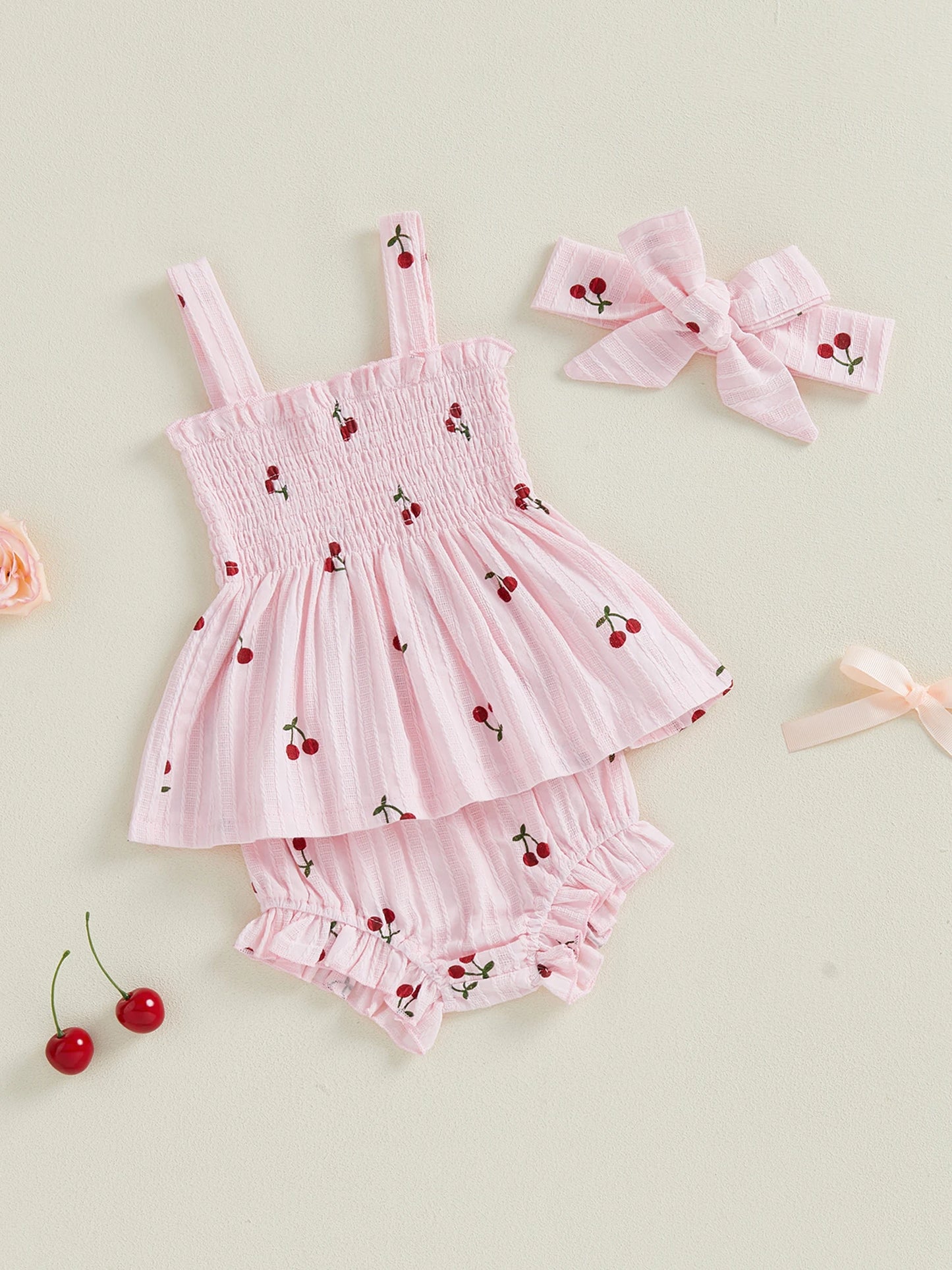 Baby Girls Summer Outfit Set - Cherry Print Square Collar Top with Ruffled Shorts & Headband 0-24M