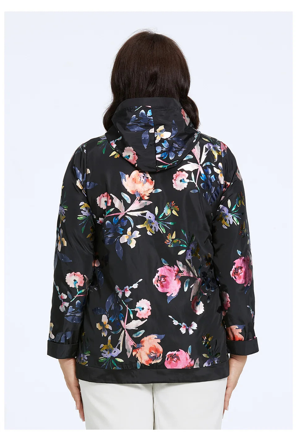 Women's Oversized Hooded Flower Print Zip Windbreaker Jacket