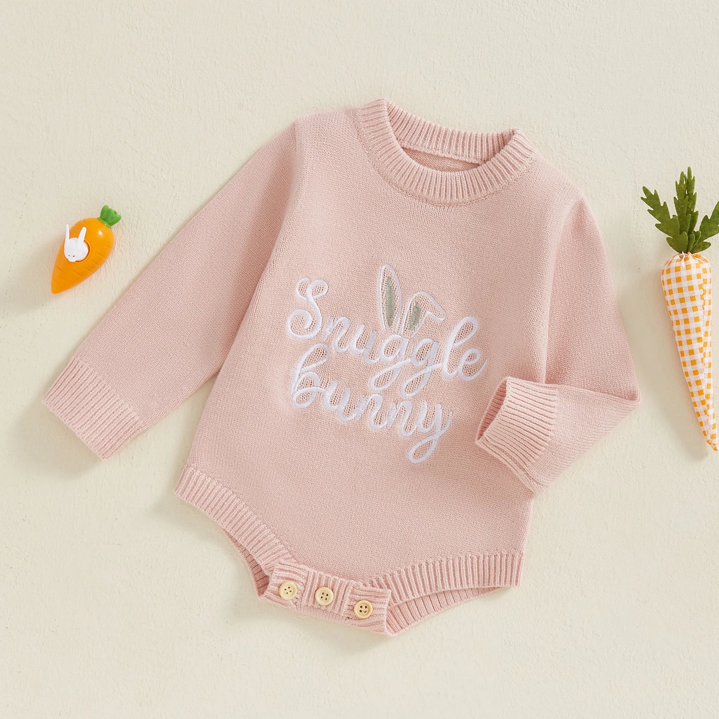 Baby Unisex Knit Long Sleeve Romper | Letter & Rabbit Festival Print | O-Neck | Covered Button | Cotton Blend | All Seasons | 3–18 Months