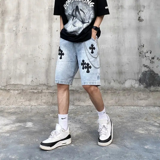 Men's Versatile American Cross Embroidery Washed Denim Shorts