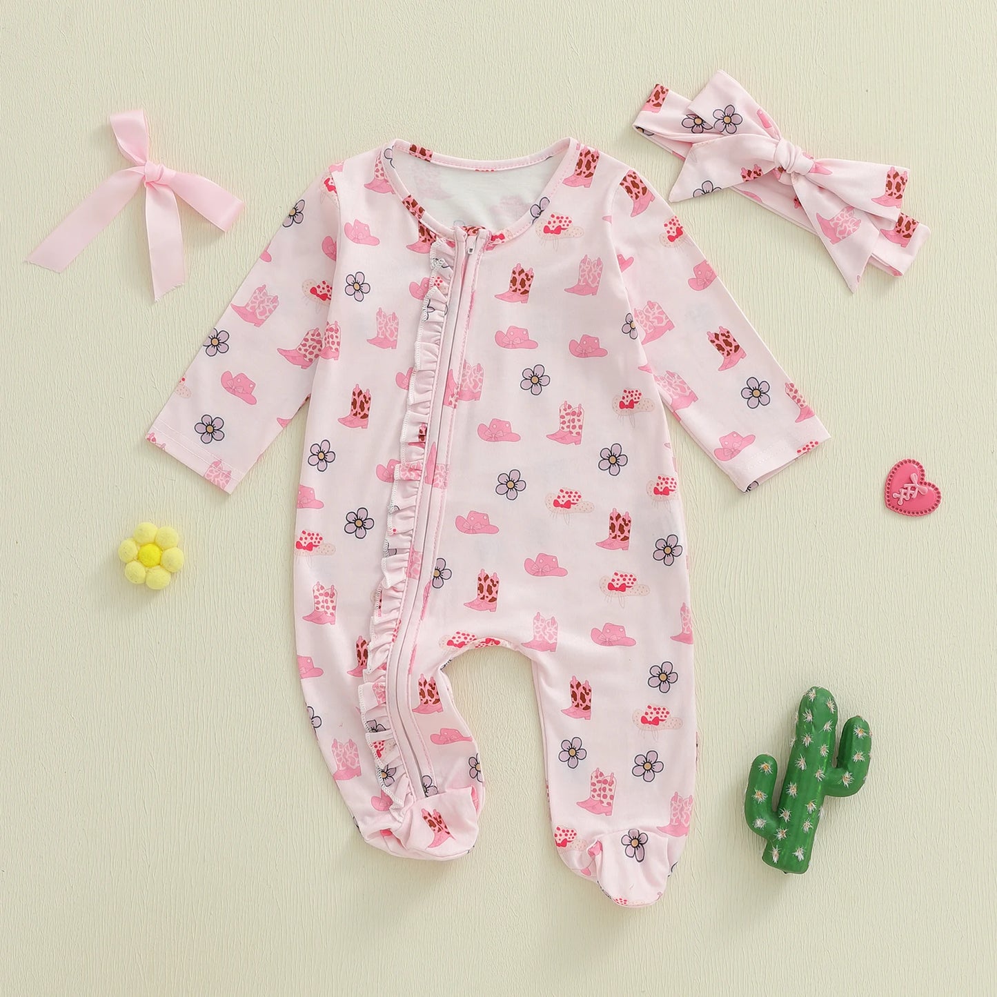 Baby Fall Winter Romper with Floral Hat Print - Zip Up Footed Jumpsuit & Headband (0-18M)