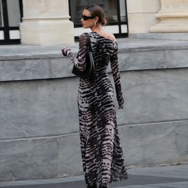 Women's Asymmetrical Ruched Zebra Stripe Maxi Dress - Long Sleeve Vintage Style