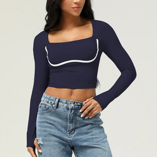 Women's Long Sleeve Yoga T-Shirt Square Neckline Gym Top Breathable Workout Running Crop Top  Sportswear