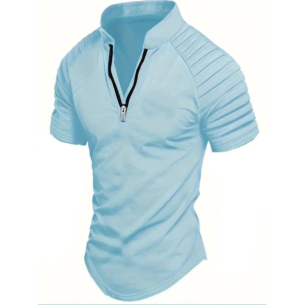 Men's Summer Stand Collar Short Sleeve Half Zipper Casual Polo Shirt