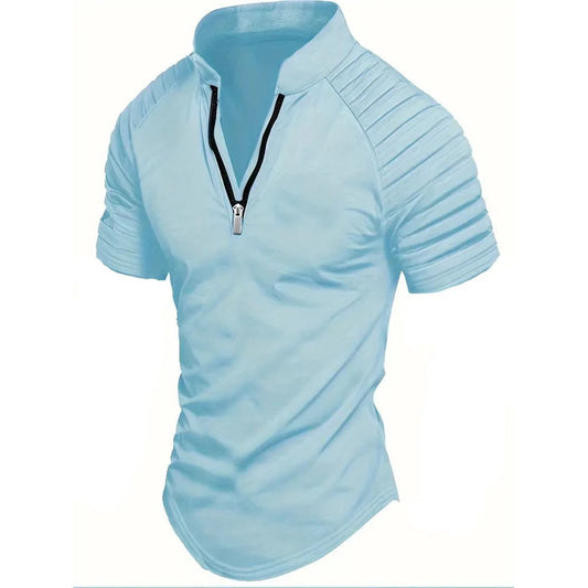 Men's Summer Stand Collar Short Sleeve Half Zipper Casual Polo Shirt
