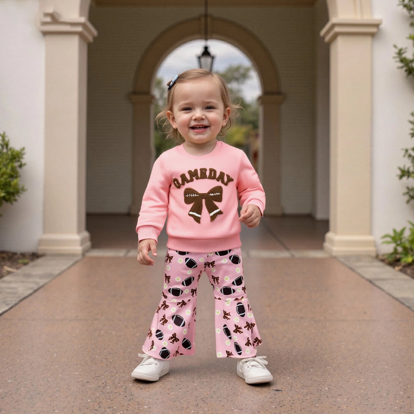 Girls Bow Embroidery Outfit Set - Long Sleeve Letter Pullover Sweatshirt & Football Flare Pants (0-4Y)