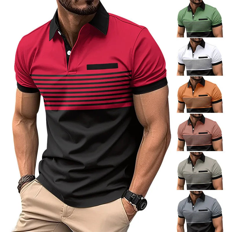 Men's Summer Polo Patchwork Short Sleeve Smart Casual Striped Turn Down Collar Shirt