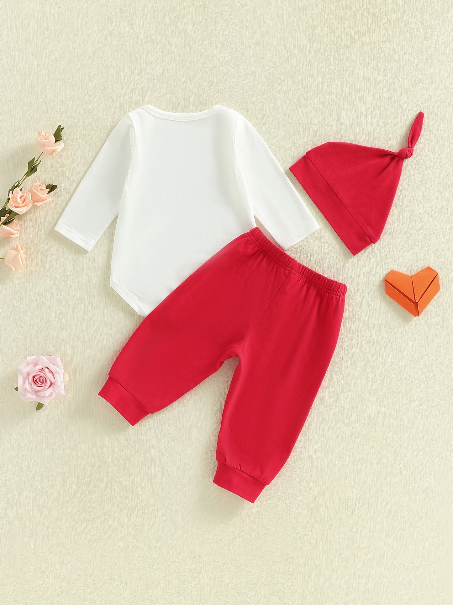 Valentine's Day Baby Boy 3-Piece Outfit Set - Heart Print Romper, Pants & Hat