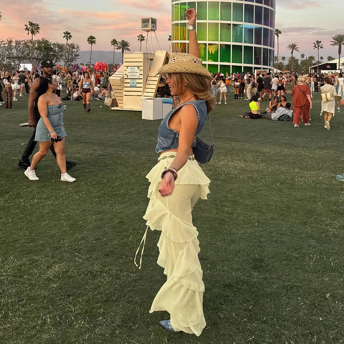 Women's Ruffled Tie Detail Flared Pants - Mesh Sheer Stretch Trousers