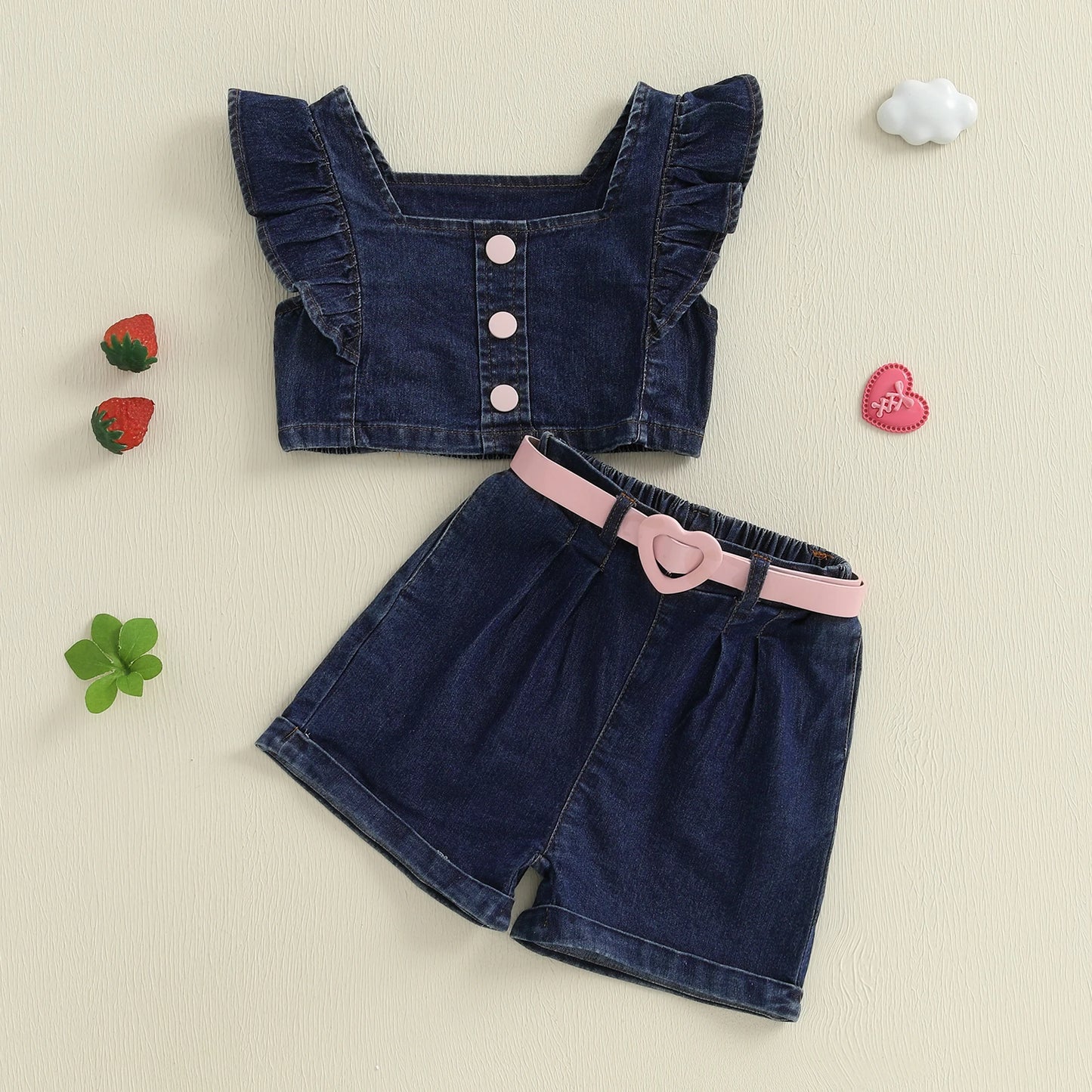 1-6Y Kids Girls Summer Clothes Set Outfits Fly Sleeves Denim Tank Top and Elastic Shorts with Belt