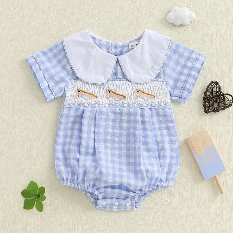 Lovely Baby Summer Romper - Plaid Print Western Embroidery Doll Collar Jumpsuit (0-18M)