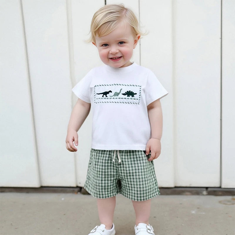 Dinosaur Embroidered T-Shirt & Plaid Shorts Set - Toddler Boys (0-4Y)