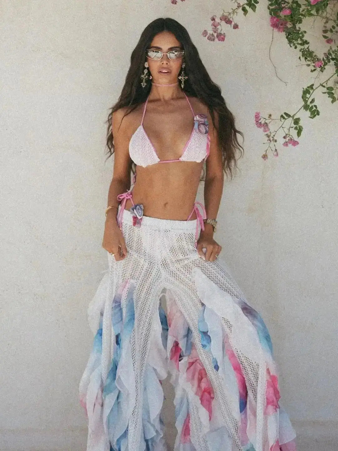 Women's 3 Pcs Knit Bikini With Pants Wide-Leg Ruffle Lace Pants Summer Tube Top with Pants Set