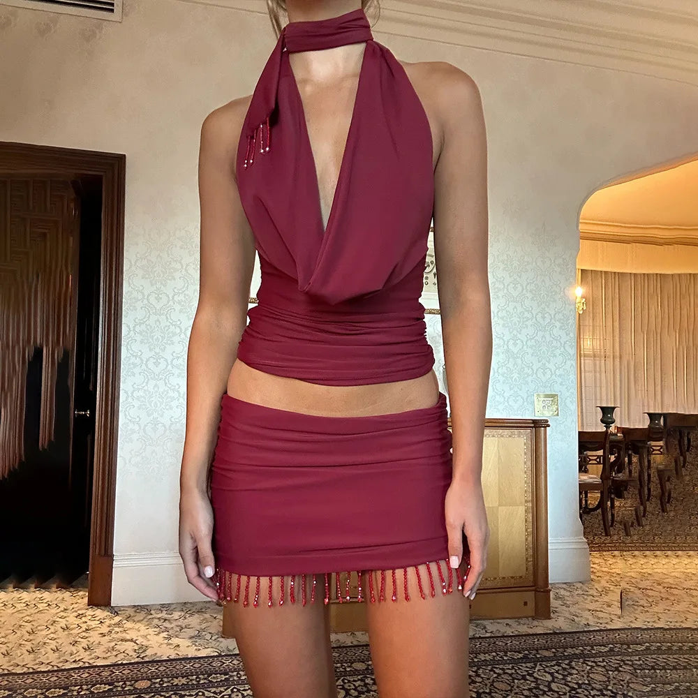 Women's Elegant Ruched Draped Halter 2 Piece Set - Top & Mini Skirt