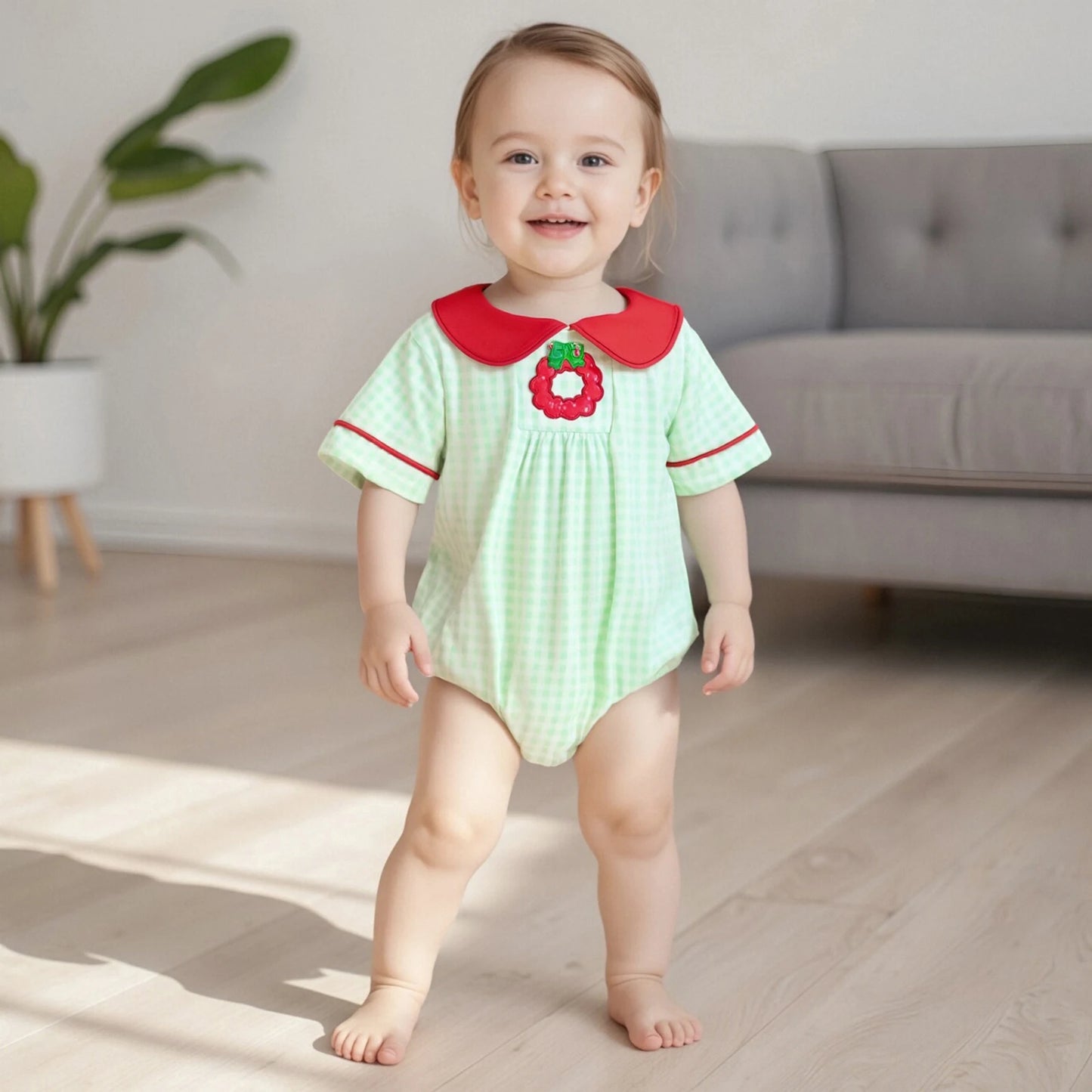 Baby Girls Plaid Romper - Wreath Embroidery Short Sleeve Doll Collar Bubble Jumpsuit
