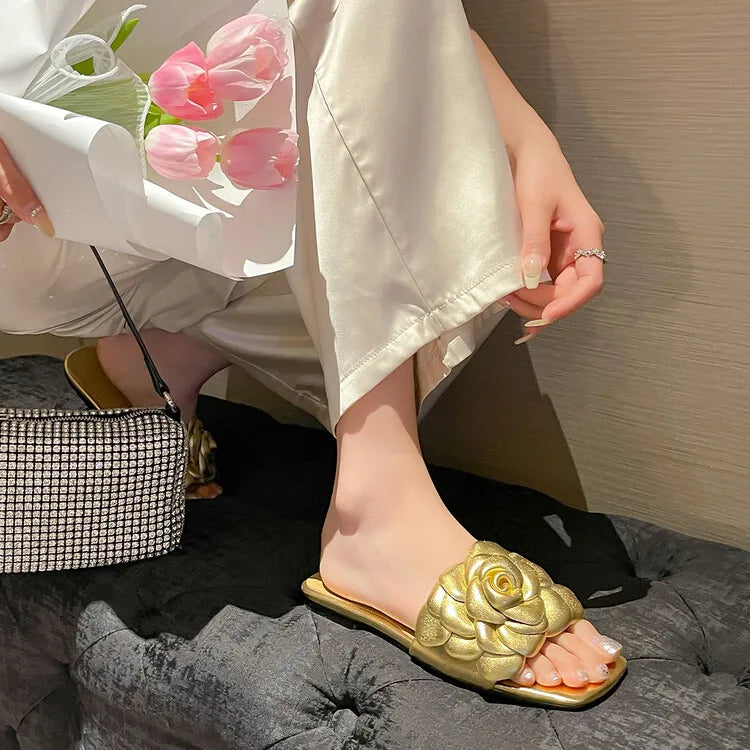 Women's 3D Flower Handmade Rose Head Layer Cowhide Open Toe Square Toe Slippers