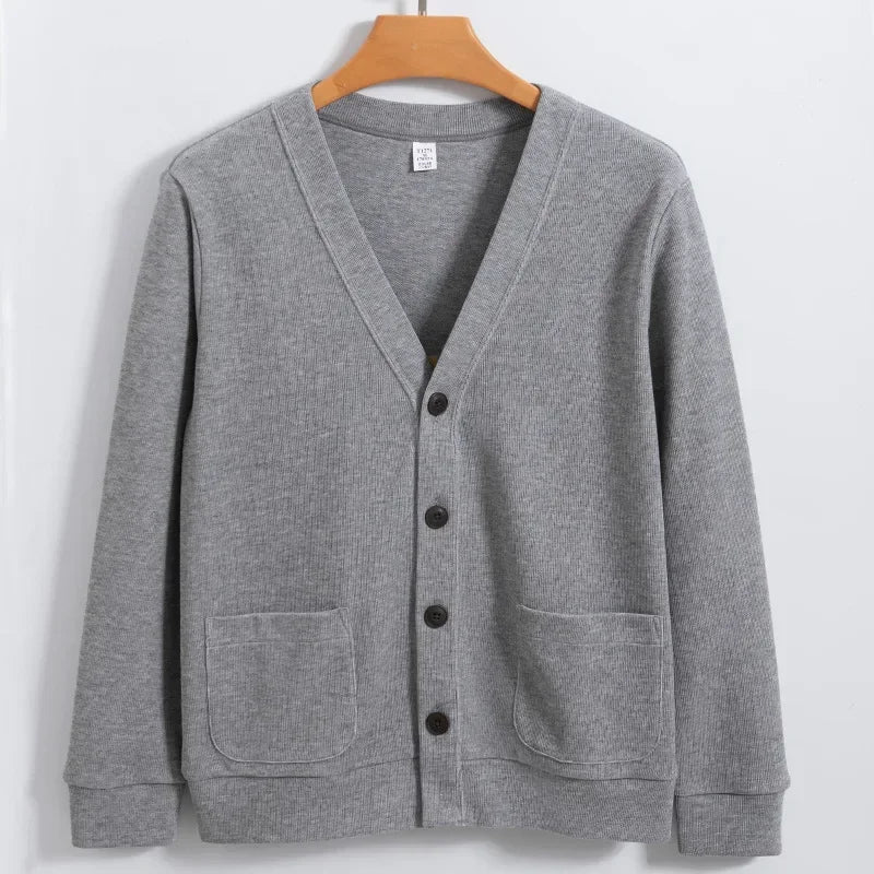 Men's Knitted V-Neck Cardigan - 80% Cotton Casual Sweater