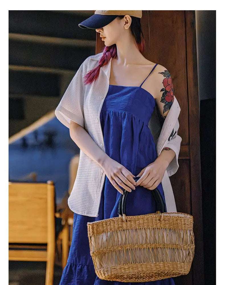 Women's Blue Seersucker Sleeveless A-Line Beach Dress - Summer Vacation Strappy Slip Dress