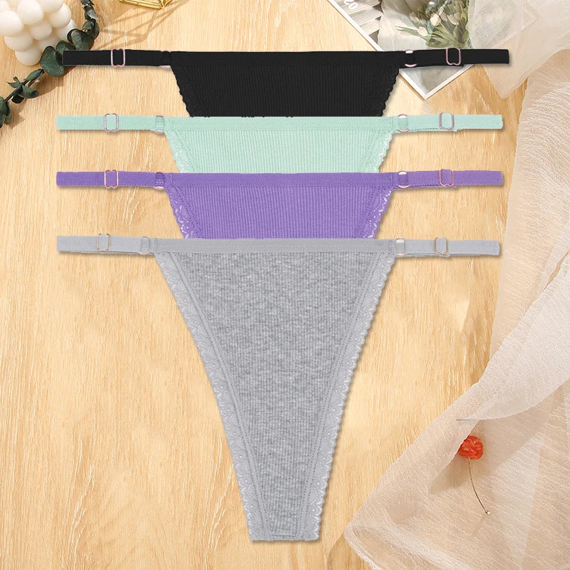 Women's Cotton Thongs 4-Piece Set - Adjustable Waistband Low-Rise Underwear