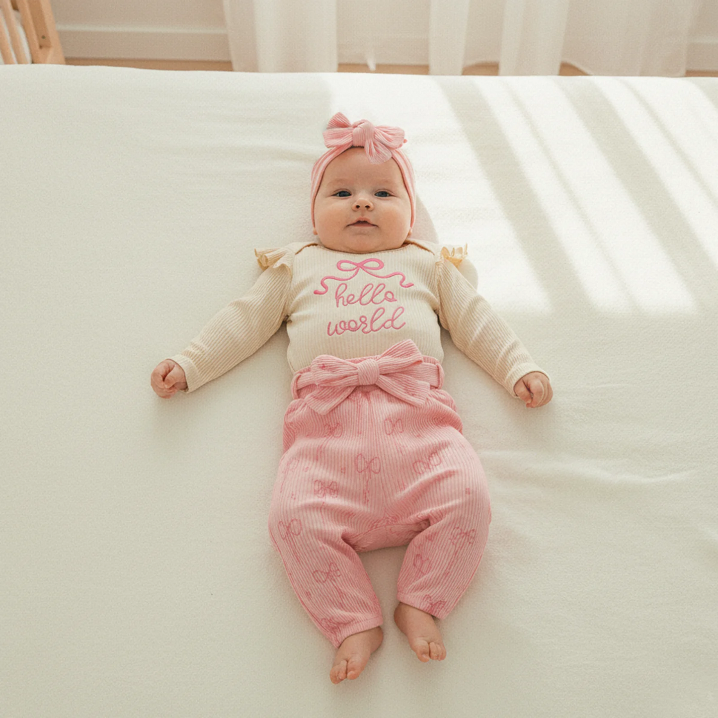 Newborn Baby 4-Piece Outfit Set - Long Sleeve Romper, Pants, Belt & Headband