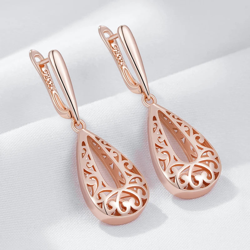 Glossy Rose Gold Dangle Earrings - Elegant Flower Design for Daily Wear