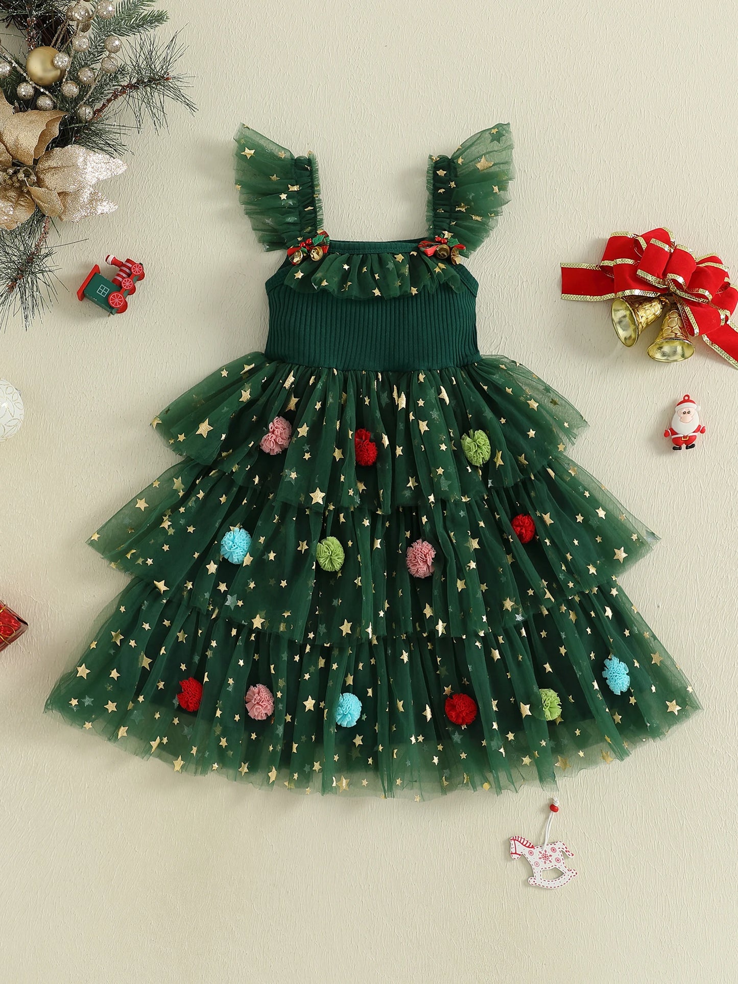 Girl's Christmas Princess Dress - Star Ball Square Neck Layered Tulle A-Line
