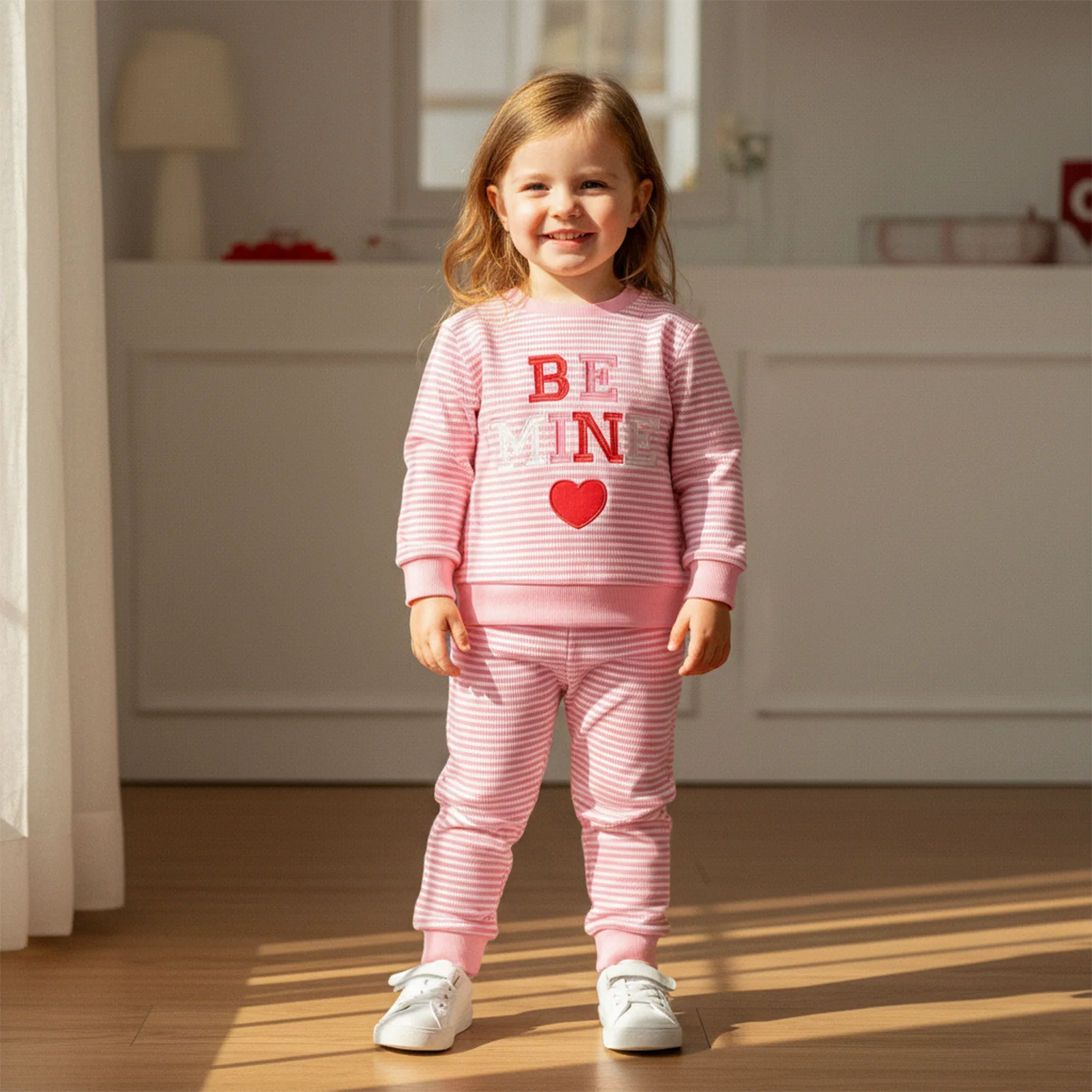 Baby Girls Valentine's Day Striped Heart Embroidery Long Sleeve Pullover and Pants Set