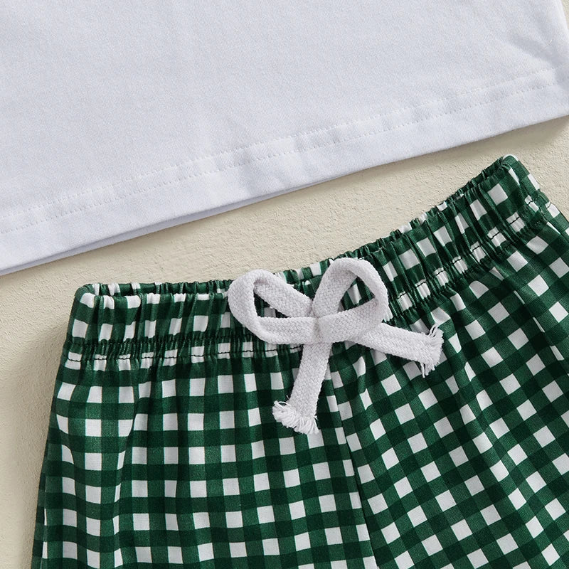 Baby Boys' Birthday Outfit Set - Cartoon Duck Letter Embroidery Short Sleeve Top & Plaid Shorts 2pcs