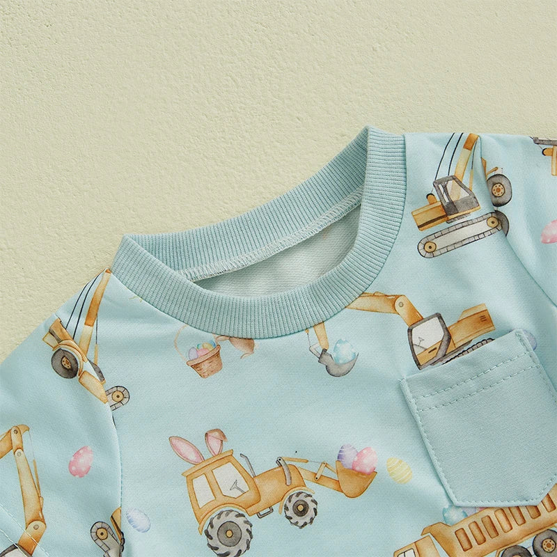 Boys' Excavator Print Summer Outfit Set - Short Sleeve Top with Elastic Waist Shorts